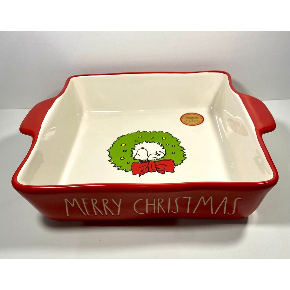 Rae Dunn Peanuts Snoopy Wreath MERRY CHRISTMAS Red Baking Dish Ceramic 9x11